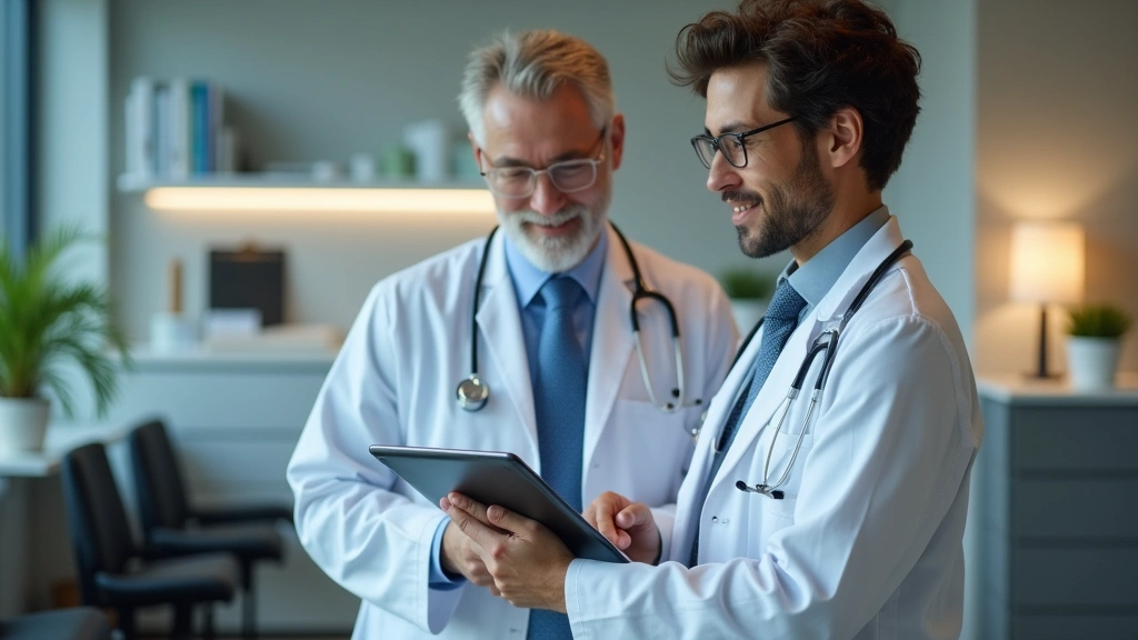 Doctor in white coat reviewing patient medical records on tablet in clinical office, professional healthcare setting, warm pr