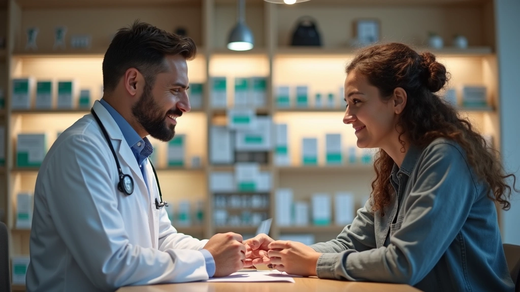 Professional pharmacist consulting with patient at pharmacy counter, modern healthcare setting, warm lighting, natural interaction