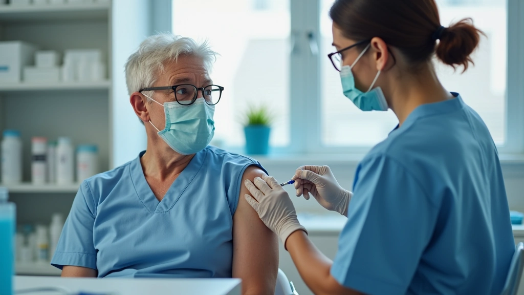Patient receiving vaccination or immunization from healthcare professional in pharmacy clinical area, clean medical environme