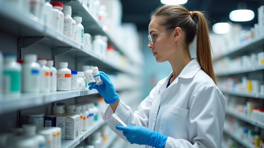 Pharmacy technician organizing medications on shelves, modern pharmacy interior, professional healthcare setting, organized w
