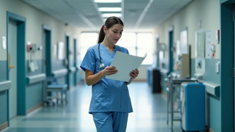 Professional nurse in scrubs reviewing patient charts in modern hospital hallway with natural lighting and contemporary medical facilities