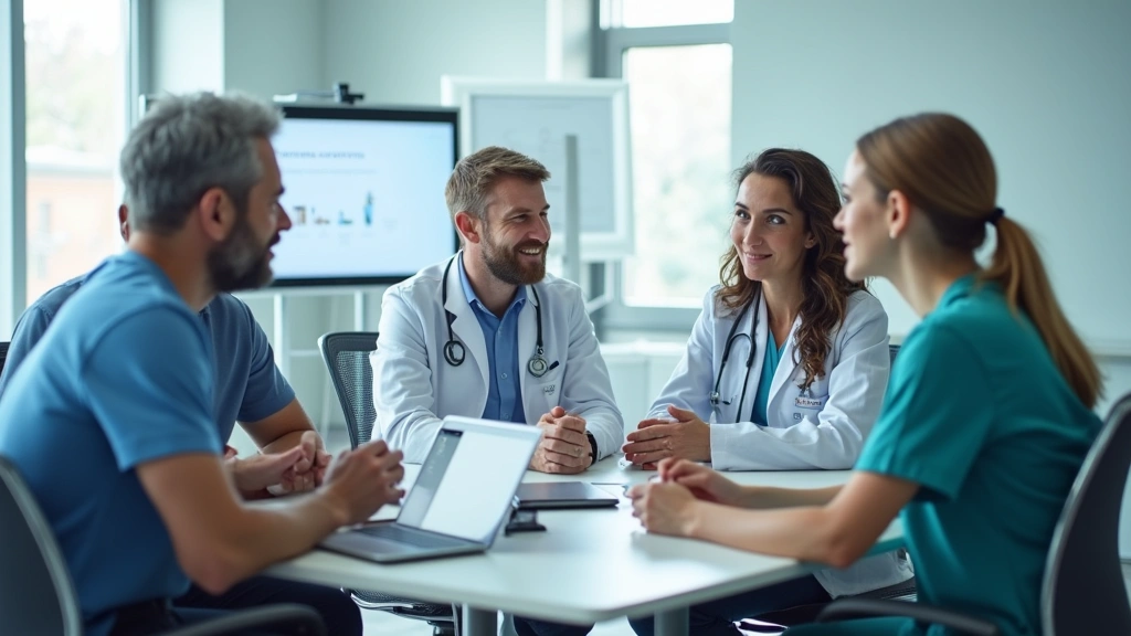 Diverse healthcare team having collaborative discussion in bright hospital conference room with modern furniture and medical 