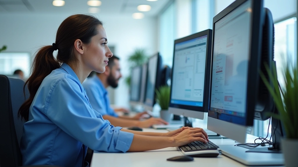 Medical professionals working at computer workstations in healthcare administrative office with multiple monitors and organiz