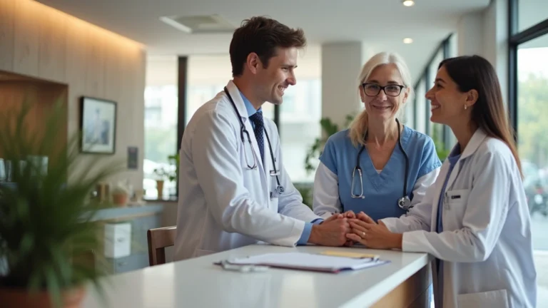 Professional community health center reception area with diverse patients and staff, modern clean clinic interior, welcoming healthcare environment