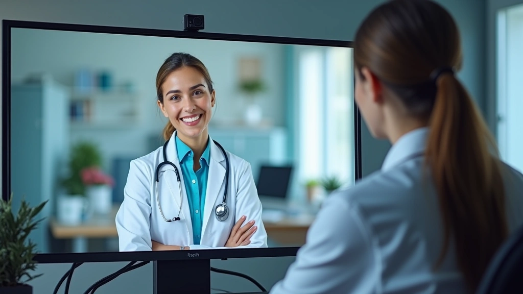 Telehealth virtual appointment on computer screen, healthcare provider in clinical setting, remote patient care technology se