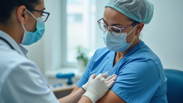 Healthcare professional administering vaccine injection to patient in modern clinical setting with blue medical equipment