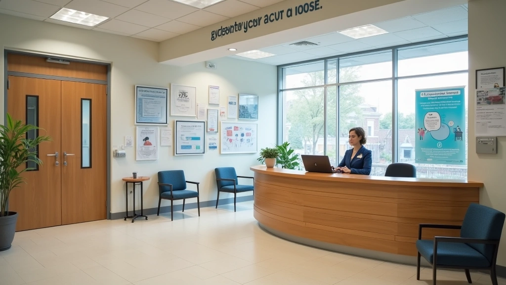 Public health department office reception area with welcoming staff at desk and health education posters on walls
