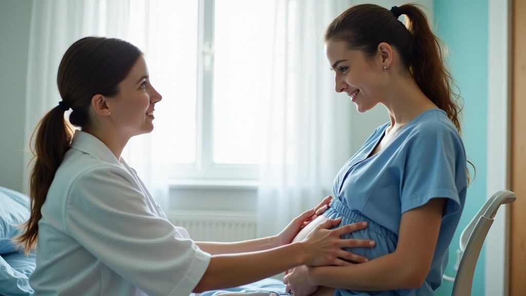 Maternal and child health consultation between nurse and pregnant woman in bright medical examination room