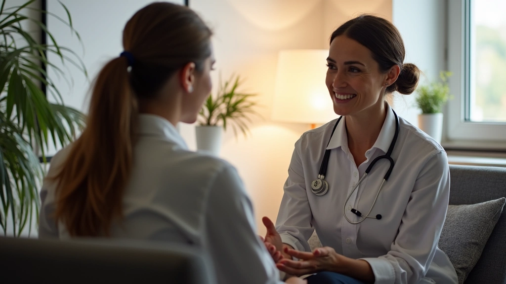 Professional therapist in modern office conducting mental health session with patient, warm lighting, compassionate interaction, clinical setting