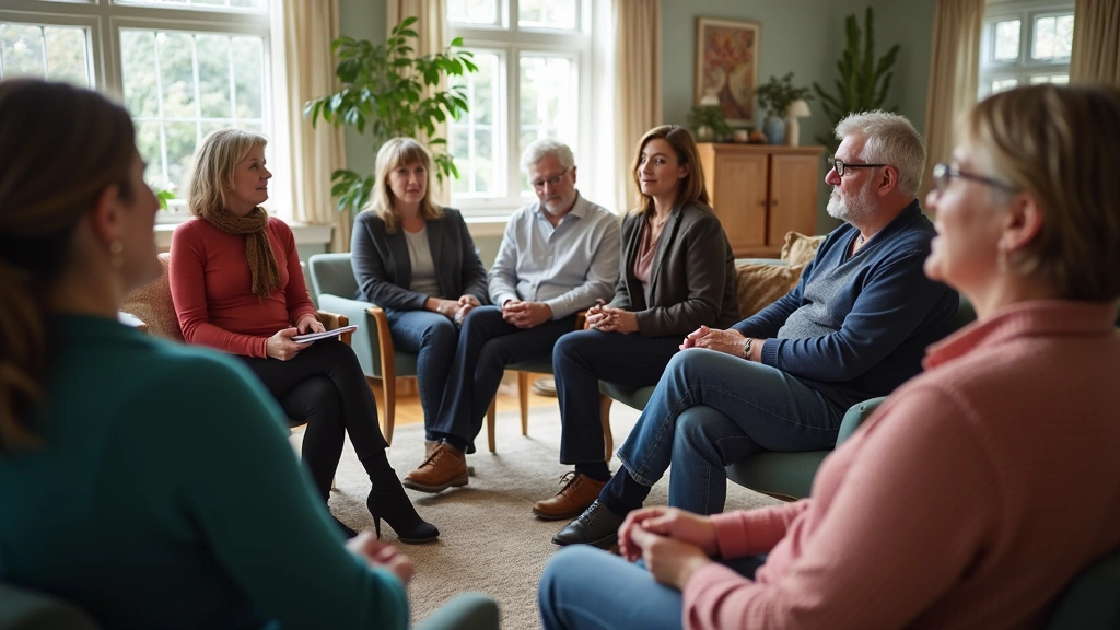 Diverse group in support group circle discussion, comfortable community room setting, therapeutic environment, people engaged