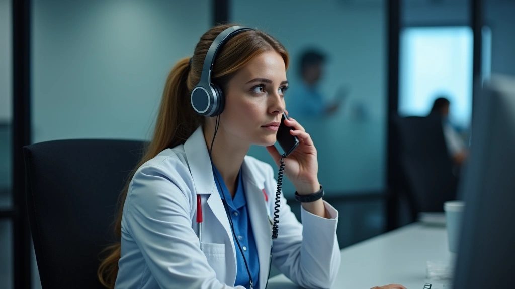 Crisis counselor on phone at dispatch center, professional healthcare setting, 24/7 emergency response team, supportive atmos