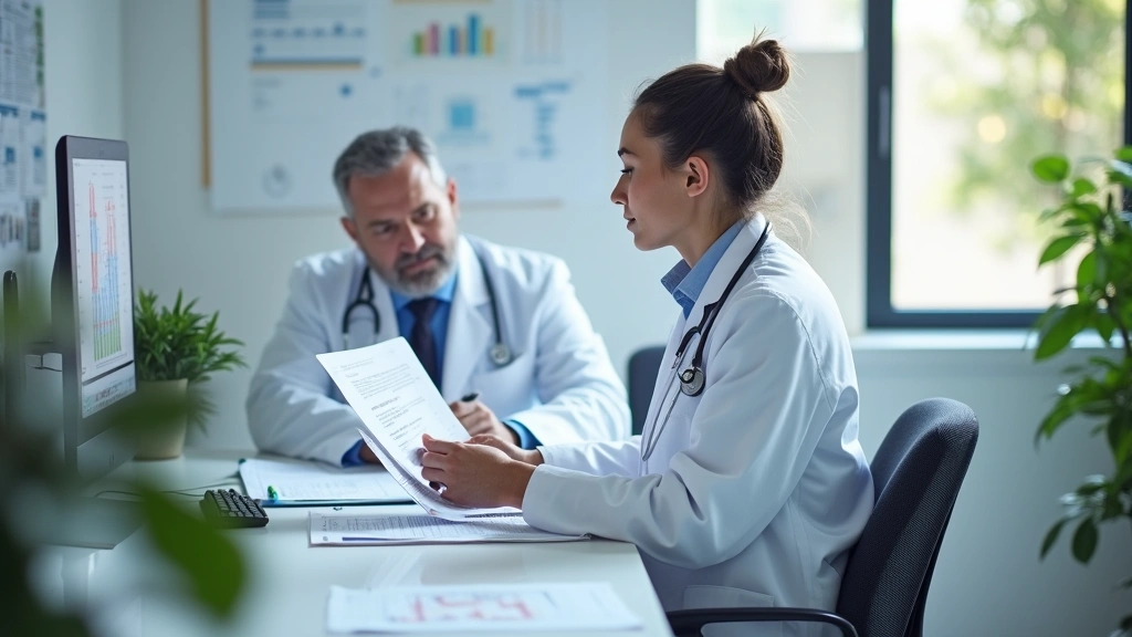 Professional healthcare provider in white coat reviewing patient health records in modern medical office with computer and charts visible