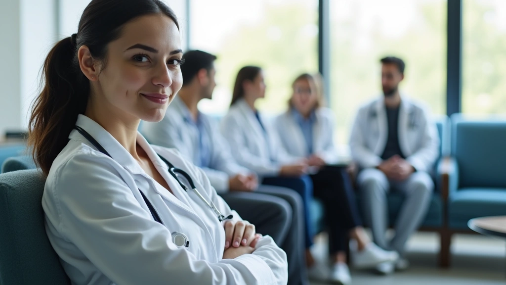 Patient sitting in comfortable doctors office waiting room with diverse medical staff in background, bright natural lighting