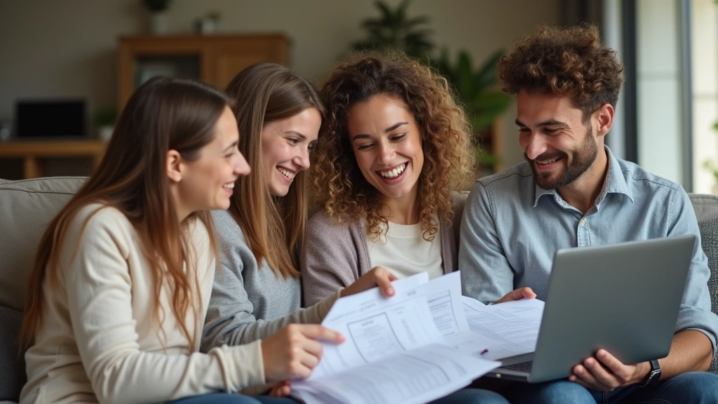 Family of four reviewing healthcare documents together at home with laptop, showing insurance plan information and enrollment