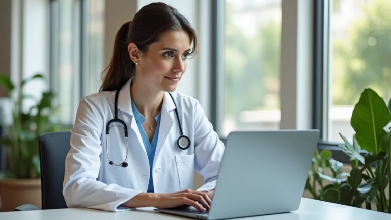 Professional female doctor in white coat conducting video consultation on laptop in modern medical office with plants and natural lighting