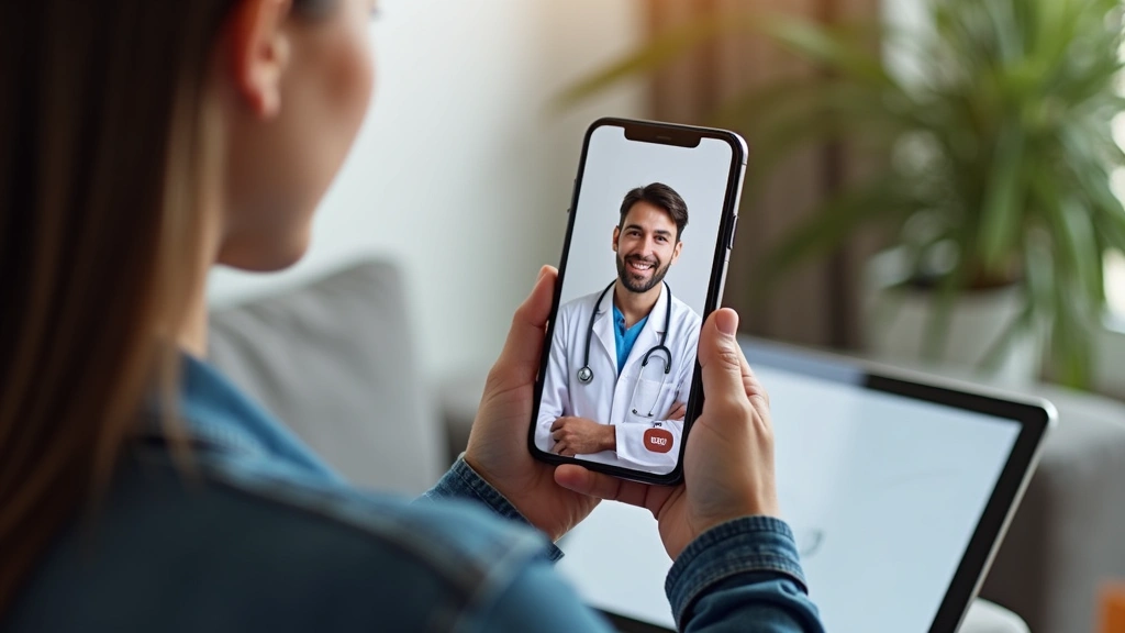 Patient using smartphone to schedule telehealth appointment while sitting in comfortable home environment with tablet nearby