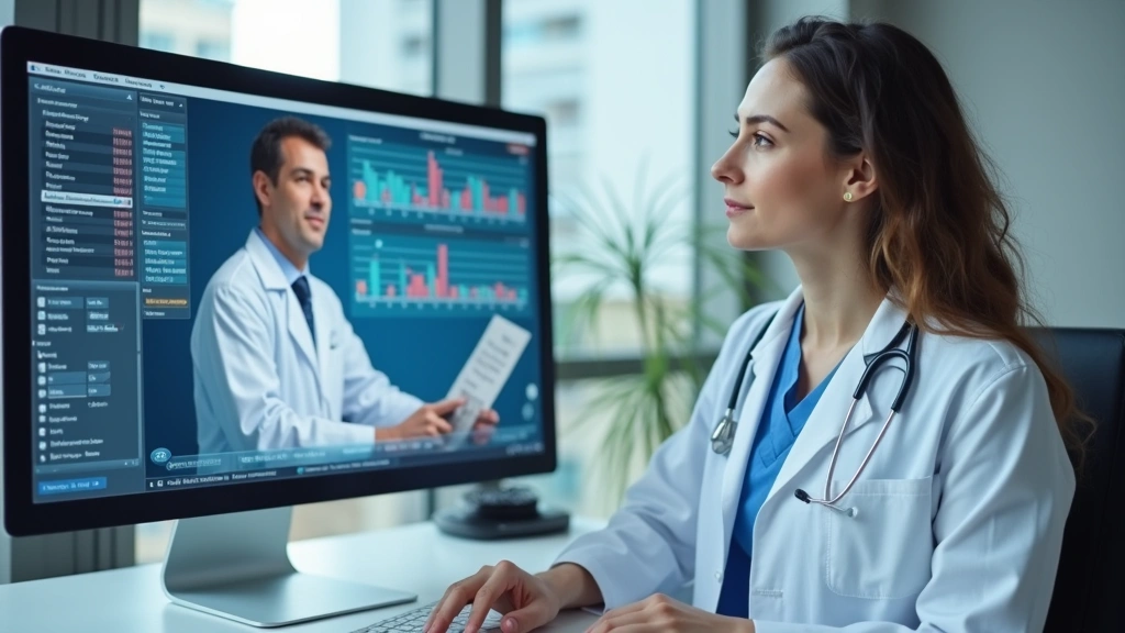Healthcare provider reviewing patient medical records on computer screen during secure virtual consultation in clinical setti