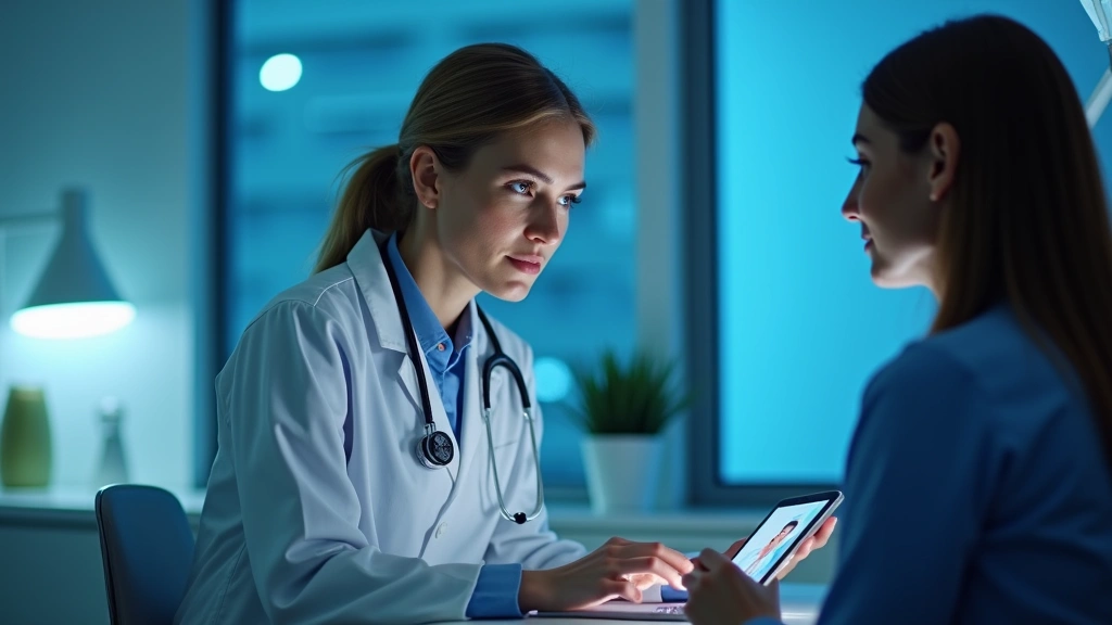 Professional healthcare provider consulting with patient via video call on tablet in modern medical office setting with soft blue lighting