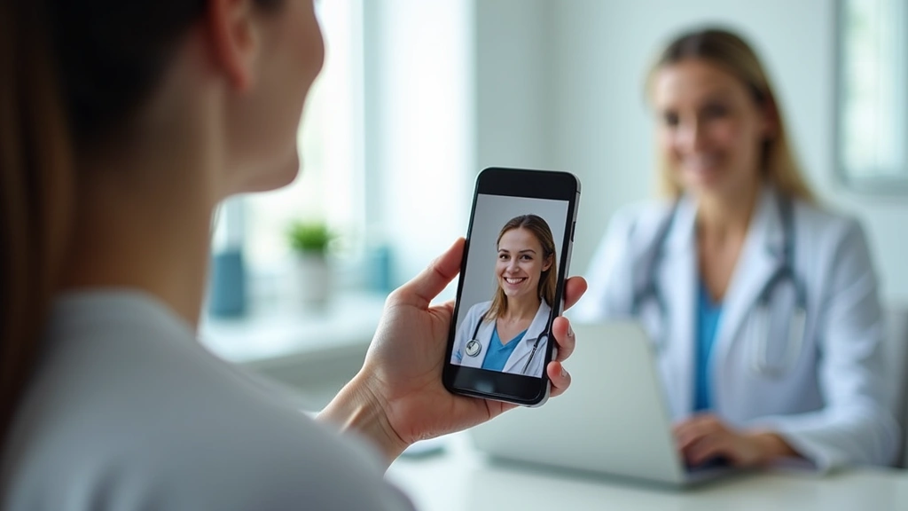 Patient using smartphone to schedule telehealth appointment with friendly female doctor visible on screen in bright clinical 