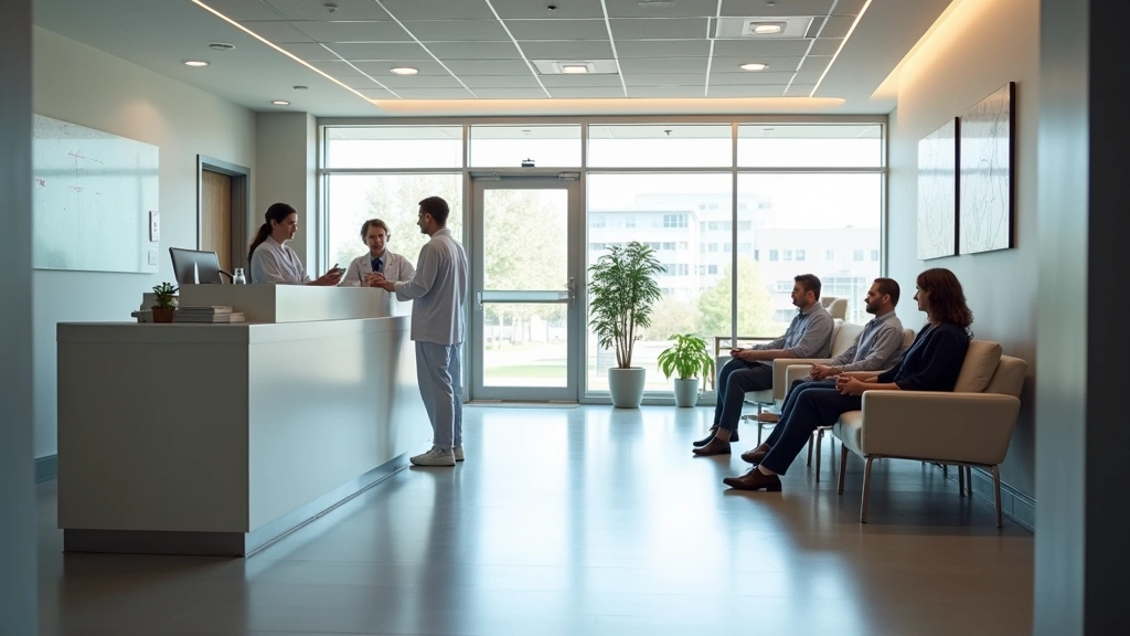 Professional medical clinic reception area with check-in desk, welcoming modern healthcare facility interior, patients in waiting room