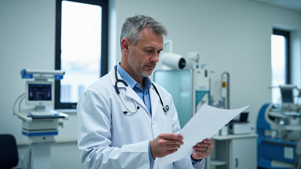 Doctor in white coat reviewing patient chart in bright clinical examination room, modern medical equipment visible