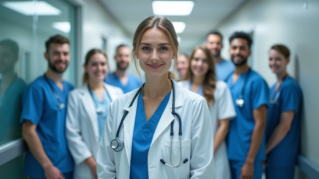 Diverse healthcare team of doctors and nurses in hospital hallway, professional medical setting, collaborative care environme
