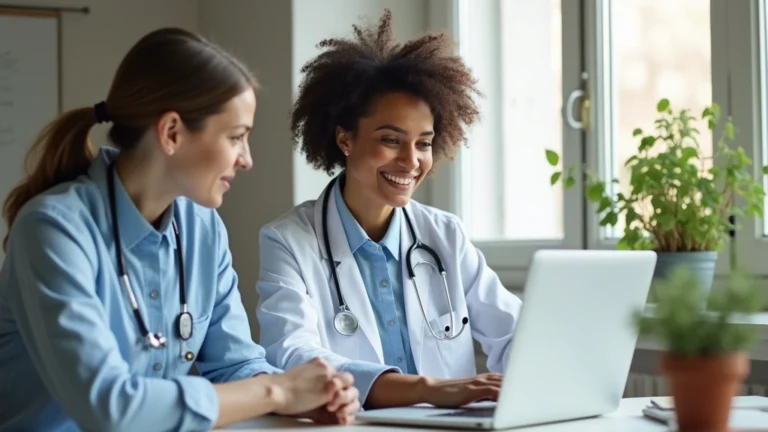 Professional woman consulting with healthcare provider on laptop in modern home office, bright natural lighting, focused expression, digital health interface visible