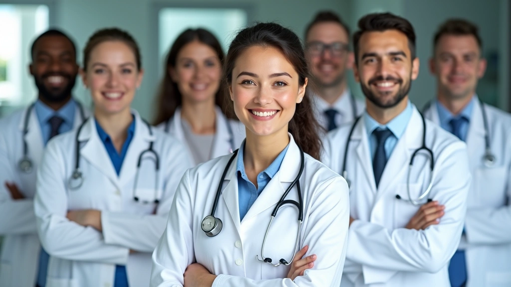 Diverse group of licensed medical professionals in clinical setting, doctors and therapists wearing white coats, professional