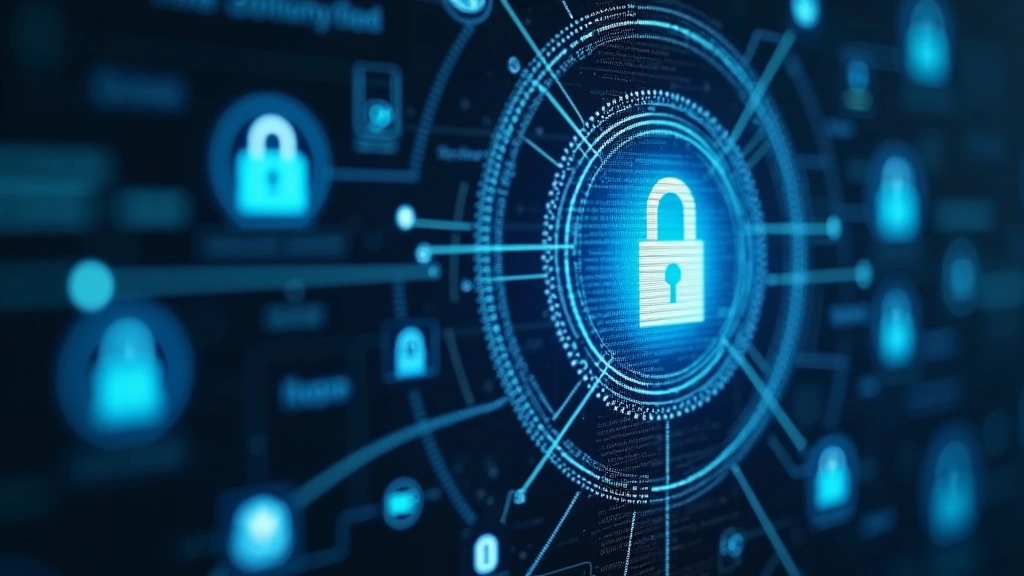 Secure digital healthcare data visualization, encrypted medical records on computer screen, healthcare compliance symbols, mo