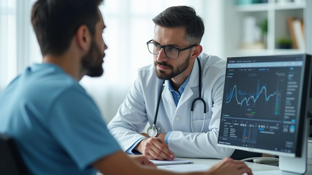 Professional healthcare provider conducting patient consultation in modern medical office with digital health records visible on computer screen