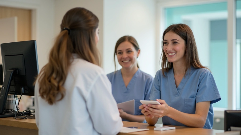 Patient checking in at health center reception desk with administrative staff assisting with registration and insurance verif