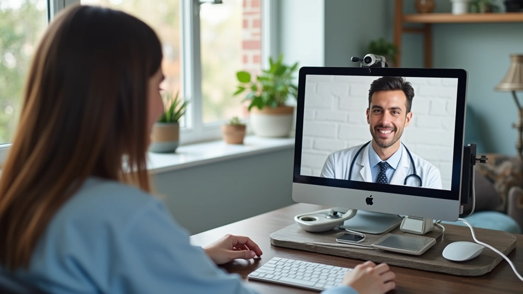 Telehealth virtual appointment showing patient on video call with healthcare provider in comfortable home setting with medica