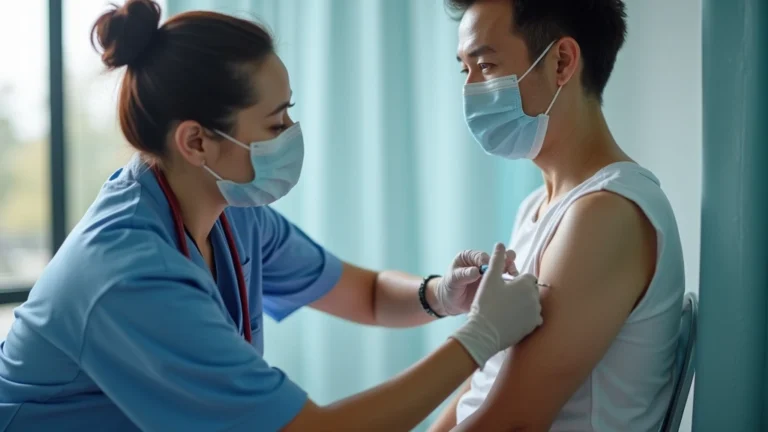 Professional healthcare provider administering vaccine to adult patient in modern clinic setting, clean medical environment, natural lighting, close-up of injection