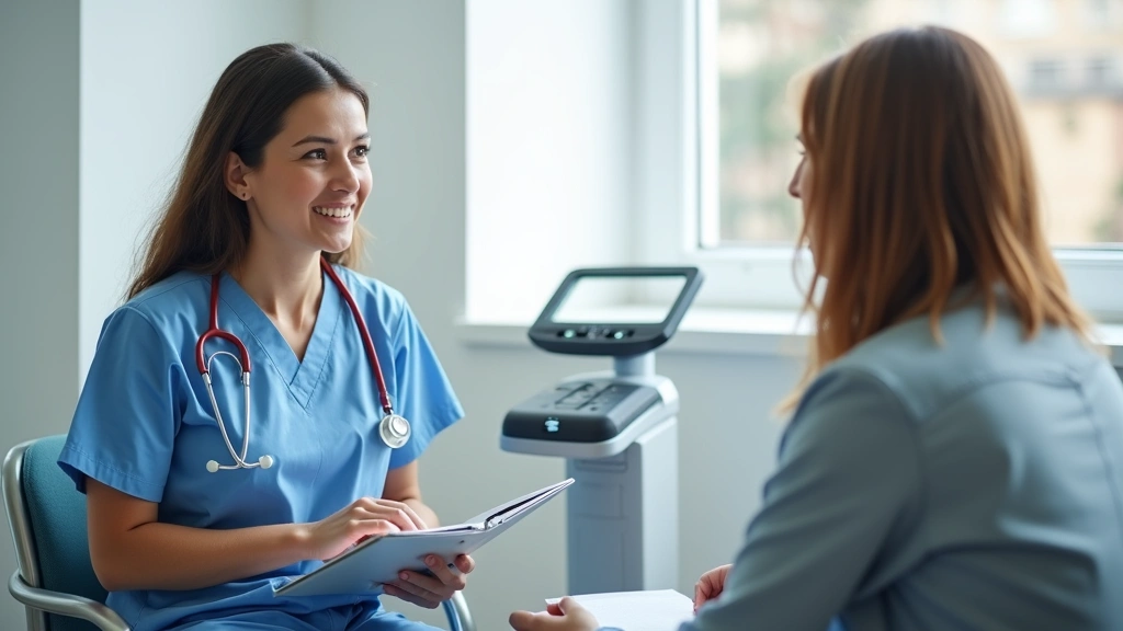 Female nurse conducting health screening consultation with patient in private clinic room, both wearing professional attire, 