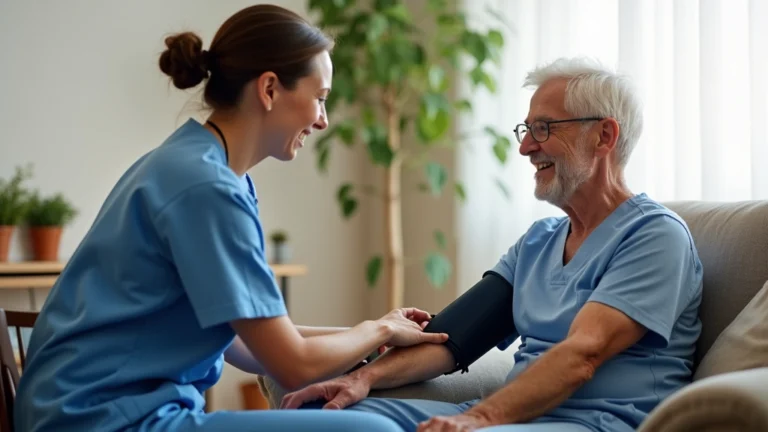 Professional nurse in scrubs checking blood pressure of elderly patient sitting in comfortable home living room, warm natural lighting, compassionate interaction