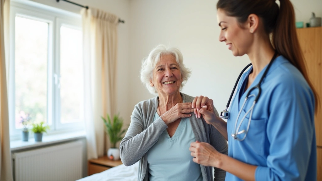 Diverse home health aide assisting elderly woman with mobility exercises in bright, accessible home bedroom, professional med