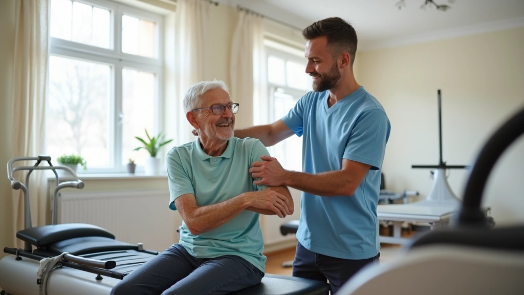 Male physical therapist working with senior patient on rehabilitation exercises in home setting, modern equipment, encouragin
