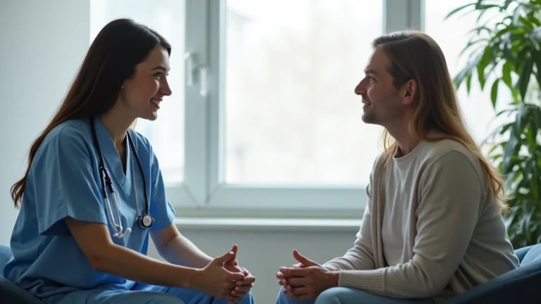 Professional psychiatric nurse conducting individual therapy session with adult patient in modern hospital consultation room, compassionate clinical setting, natural lighting