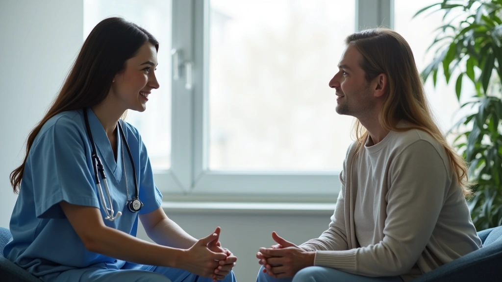 Professional psychiatric nurse conducting individual therapy session with adult patient in modern hospital consultation room, compassionate clinical setting, natural lighting
