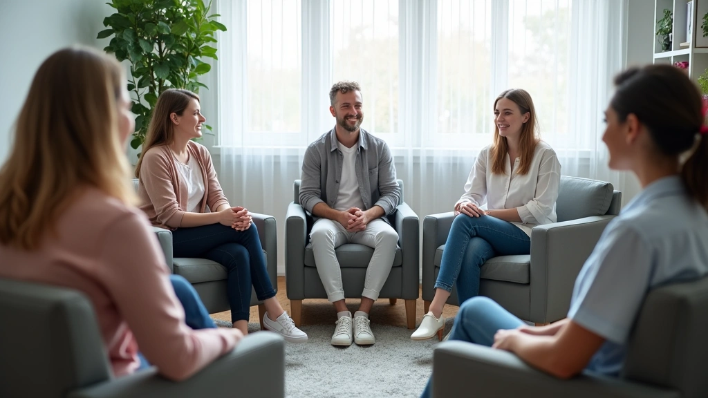 Diverse group of patients in group therapy session sitting in circle with therapist in comfortable hospital wellness room, su