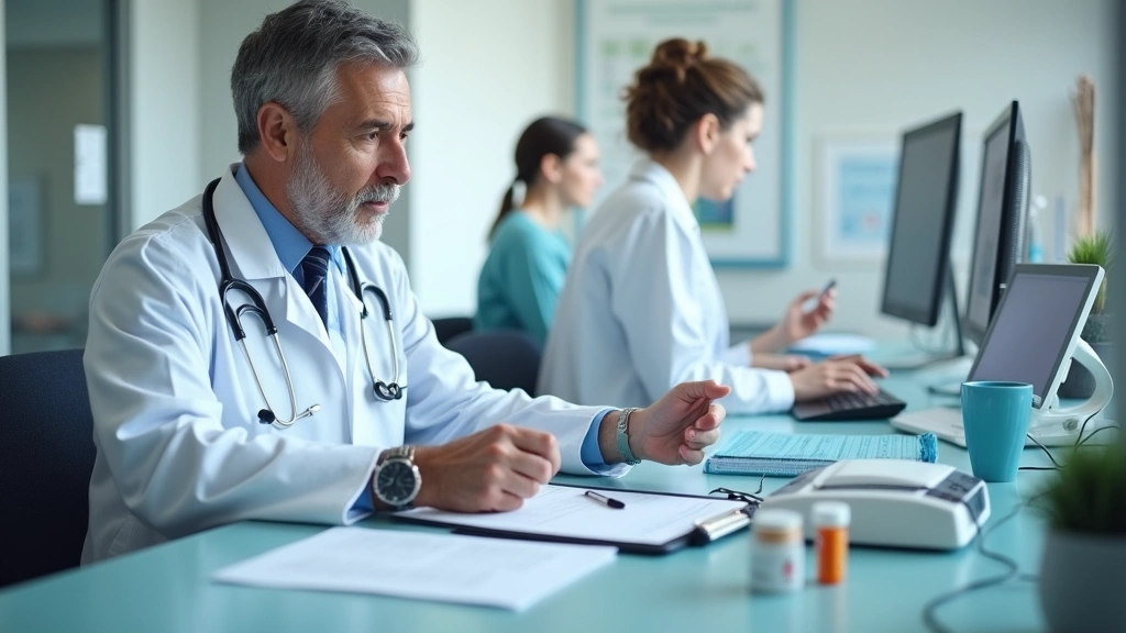 Psychiatrist reviewing patient medication chart at nurse station in behavioral health hospital, clinical accuracy, profession
