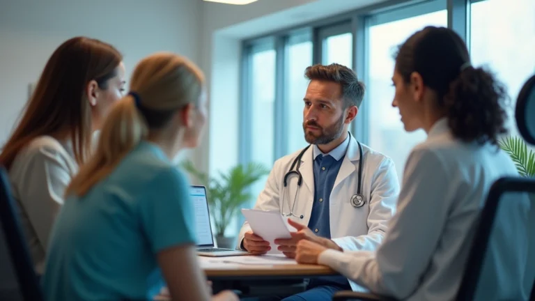 Professional healthcare provider conducting patient consultation in modern clinic examination room with digital health records visible, warm lighting, diverse patient population