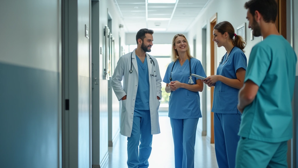 Diverse medical team collaborating in contemporary health center hallway, including doctors, nurses, and administrative staff
