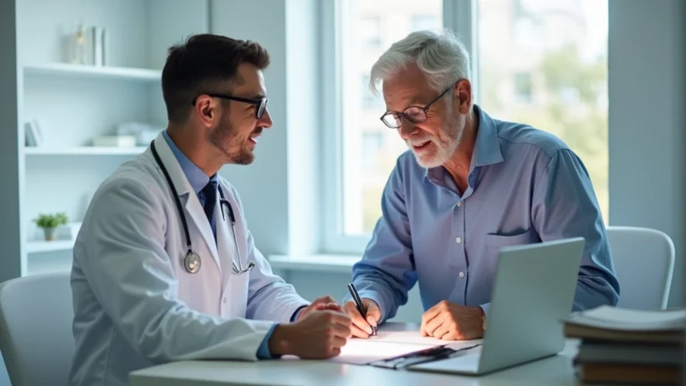 Professional family medicine doctor in white coat consulting with adult patient in bright, modern medical clinic examination room with digital health records visible