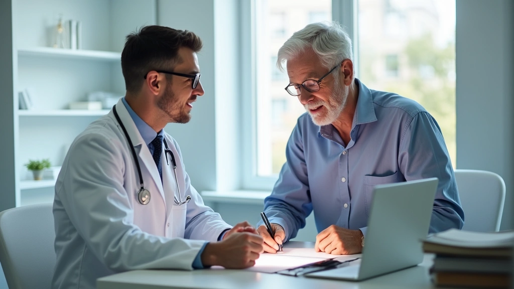 Professional family medicine doctor in white coat consulting with adult patient in bright, modern medical clinic examination room with digital health records visible