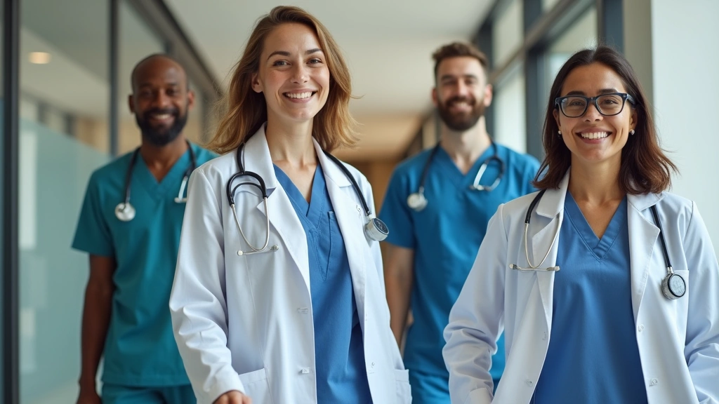 Diverse healthcare team including physicians and nurses in West Mountain Family Health clinic hallway, smiling and walking to