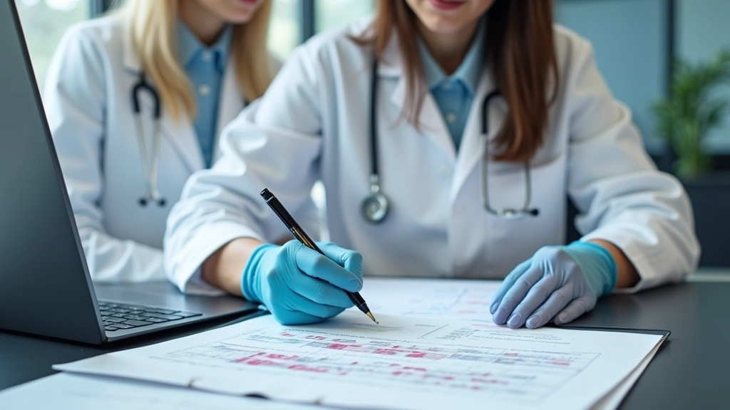 Medical professional reviewing patient psychiatric assessment documents at desk in healthcare facility with computer and clin