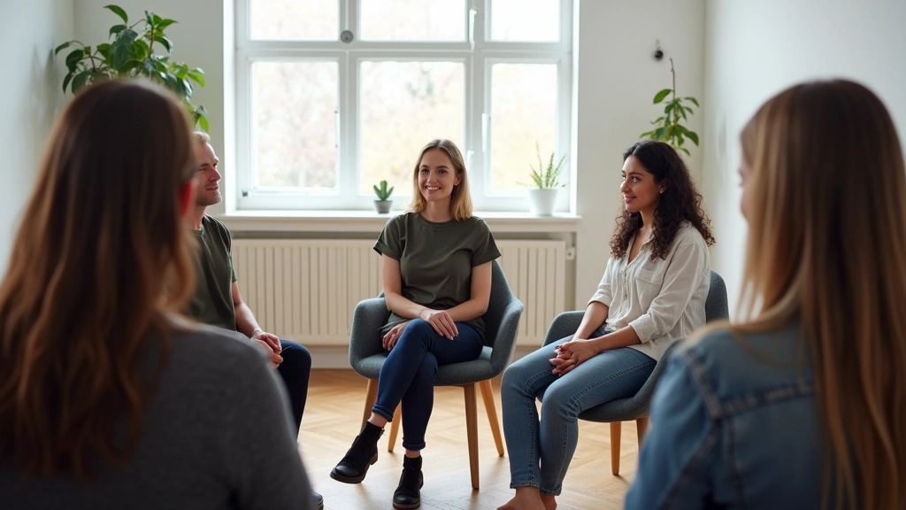 Group therapy session in bright counseling room with diverse participants sitting in circle formation, supportive environment