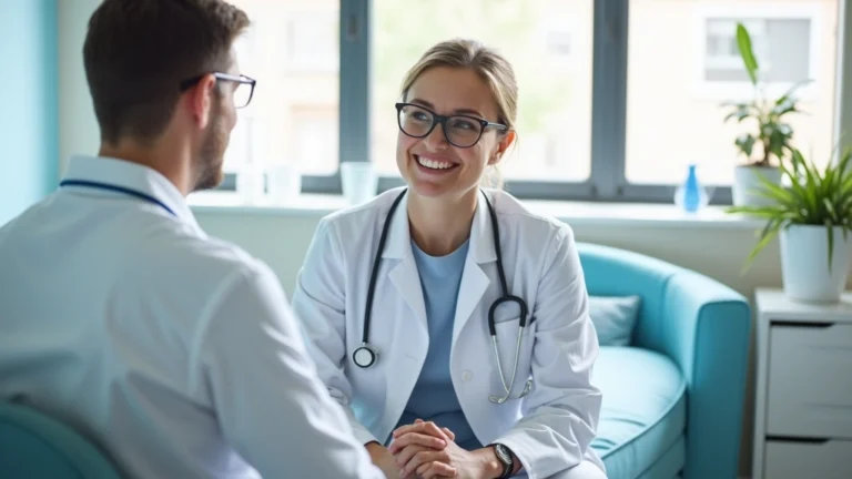 Professional healthcare provider in white coat consulting with patient in modern medical clinic examination room with bright natural lighting