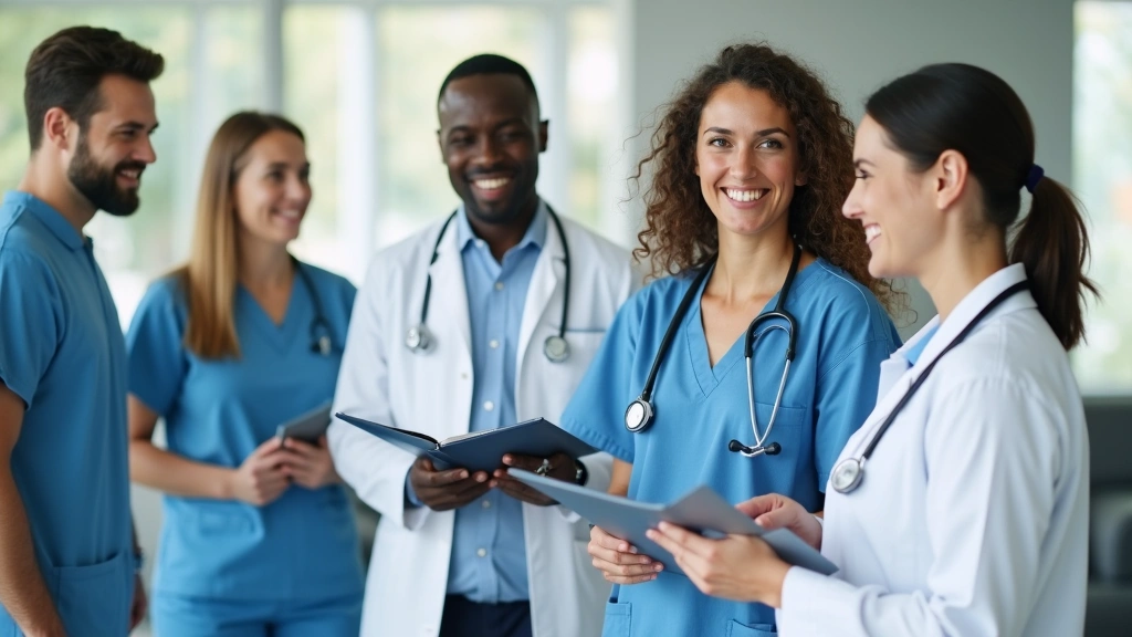 Healthcare team of diverse medical professionals including doctor, nurse, and administrative staff in welcoming clinic waitin